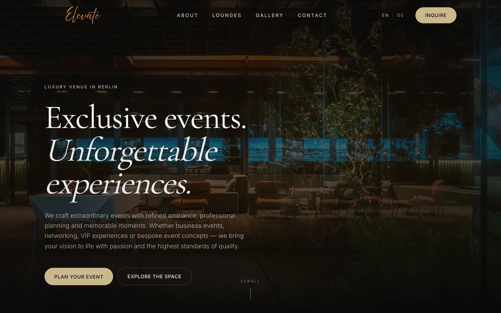 The Elevate Events website, a luxury venue in Berlin